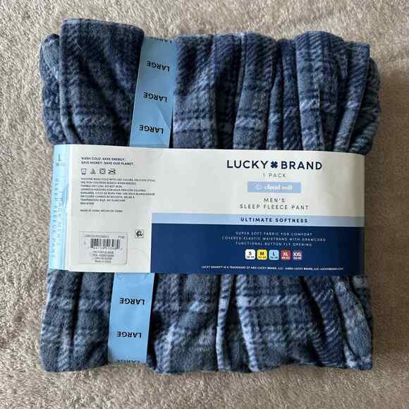 New Lucky Brand Sleep Fleece Pants Cloud Soft Blue Plaid Lounge Sleep Men's L - Picture 2 of 2